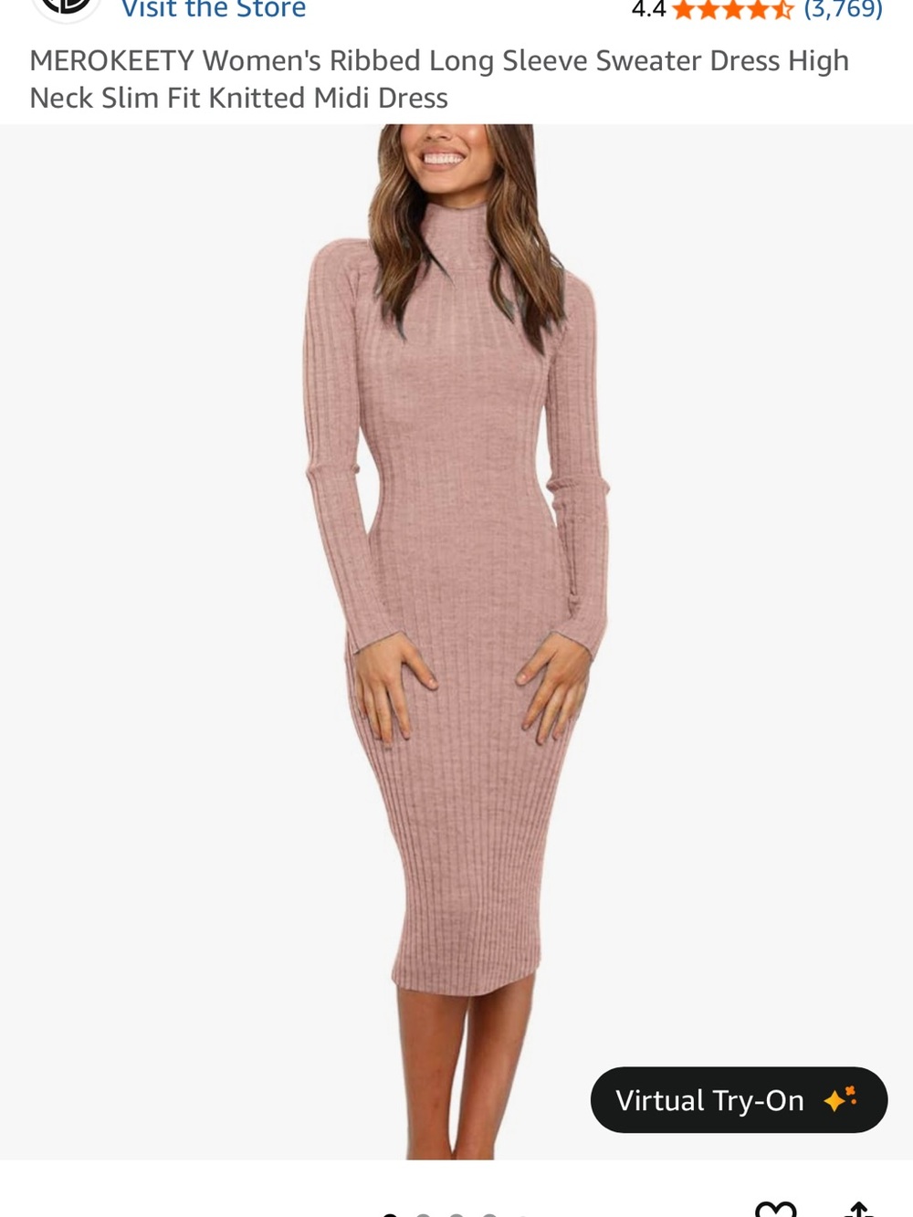 Ribbed High-Neck Long-Sleeve Midi Dress in Dusty Rose